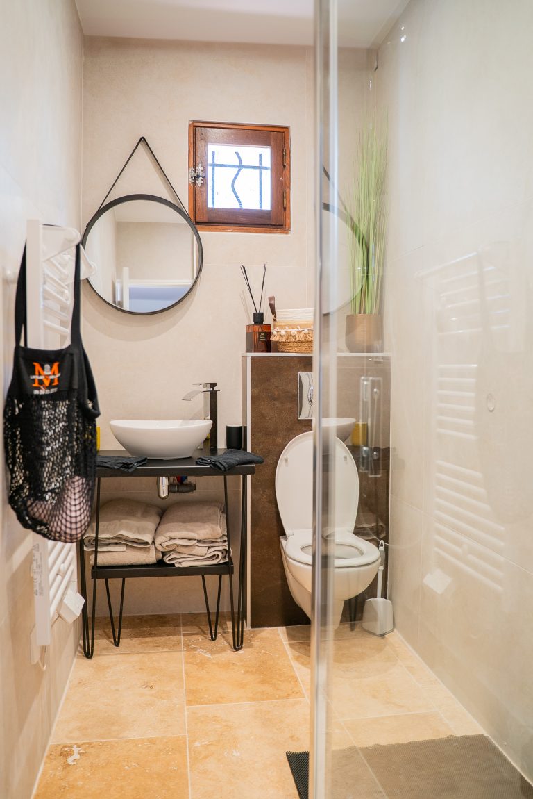 Salle de bain complète avec douche, vasque et décoration naturelle à la villa Ô Sud Location